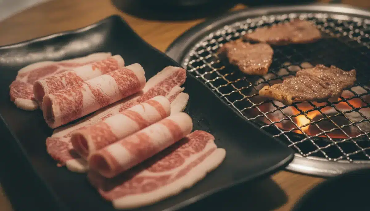 Thin-sliced marbled beef belly (chadolbagi) on a black plate beside a charcoal Korean BBQ grill