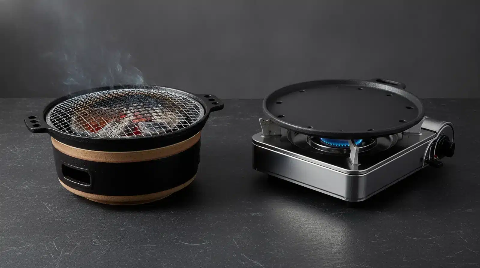 A Korean charcoal grill with glowing coals beside a portable butane gas burner