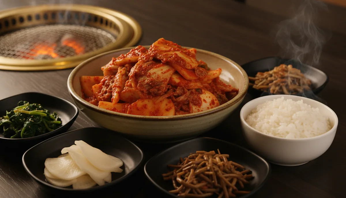 A bowl of Korean kimchi with banchan side dishes and rice on a dark table beside a charcoal Korean BBQ grill