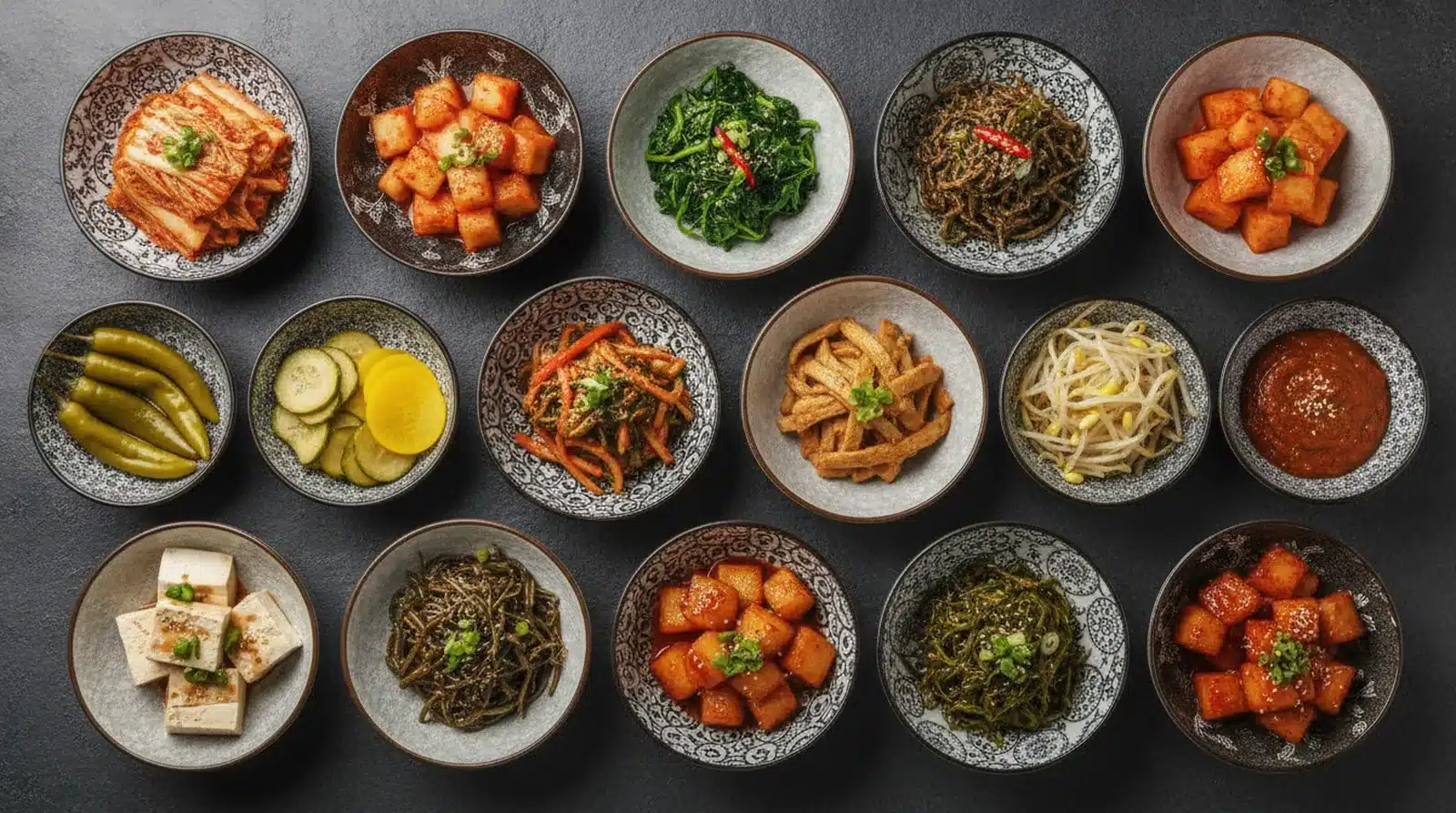 A large spread of Korean side dishes (banchan) in many small bowls