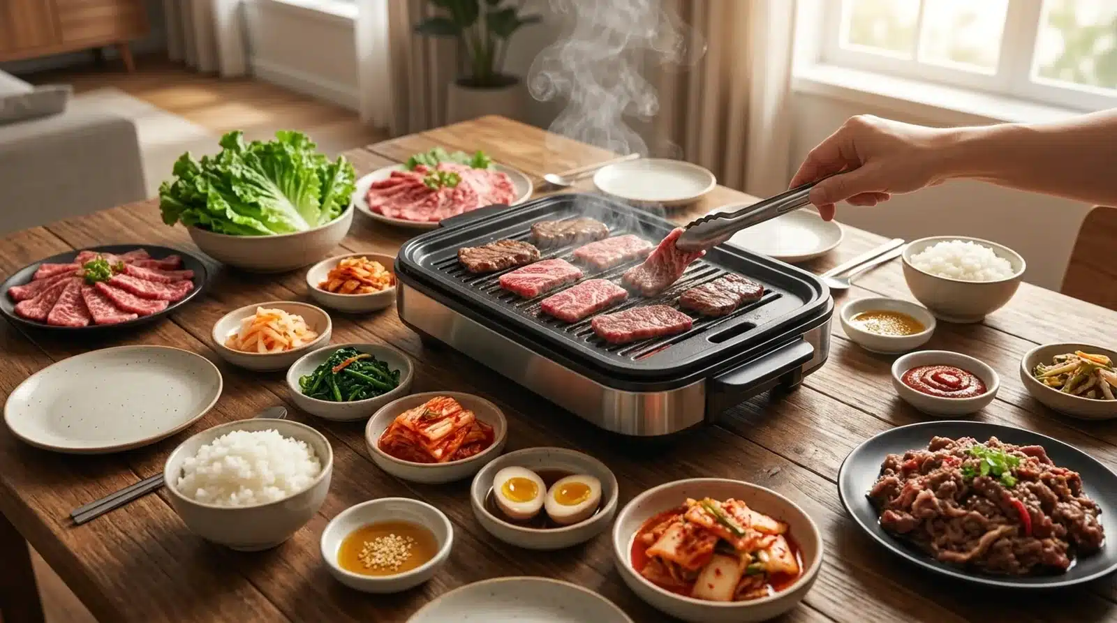 A Korean BBQ night at home - grilling premium wagyu on a portable grill at the dining table with kimchi and banchan