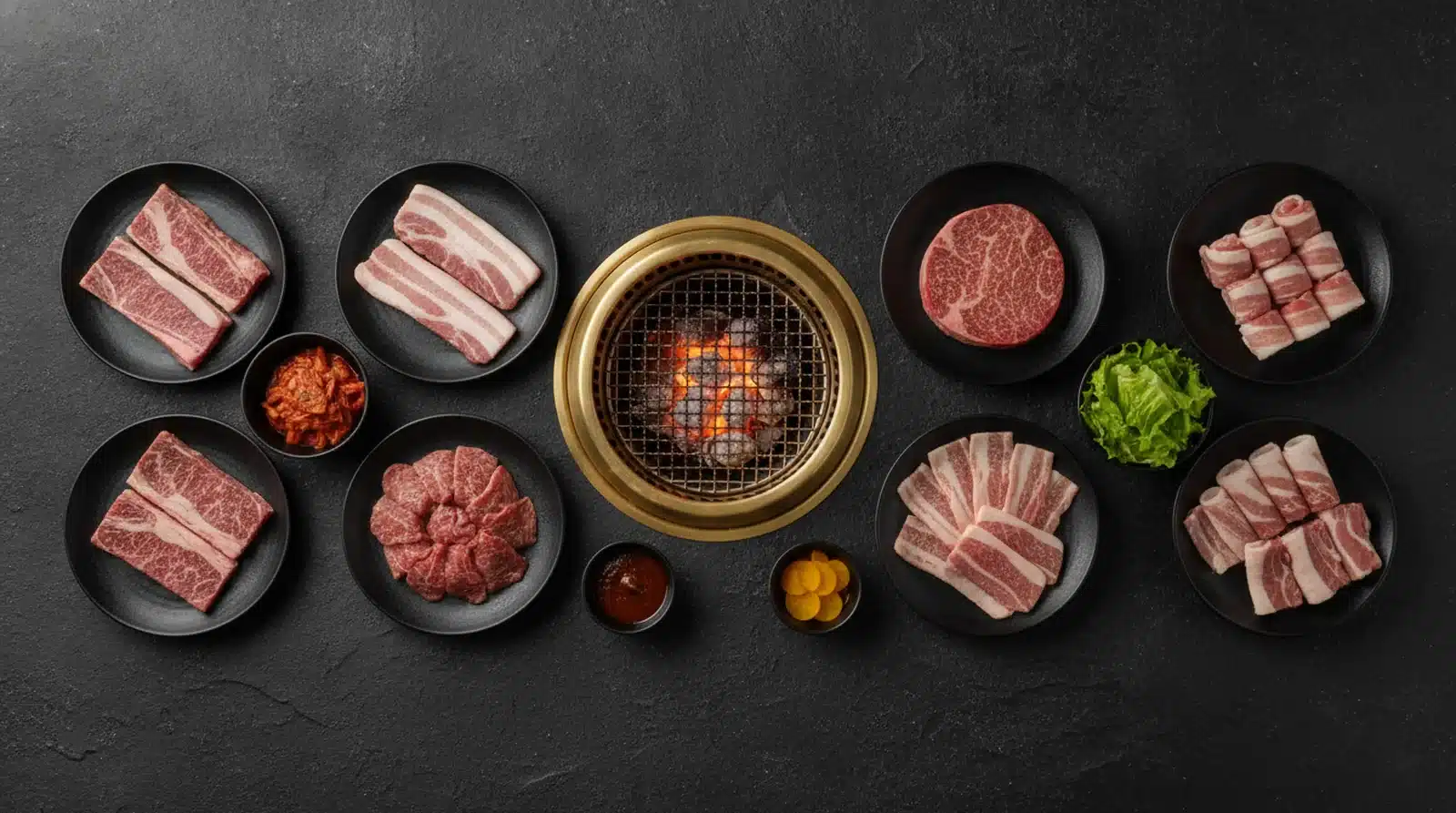 Wide overhead spread of Korean BBQ cuts - beef short rib, pork belly, scotch fillet, bulgogi and brisket on black plates around a charcoal grill