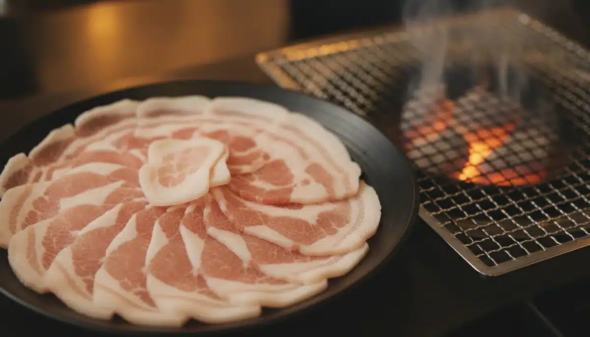Thin-sliced marbled pork jowl (hangjeongsal) on a black plate beside a charcoal Korean BBQ grill