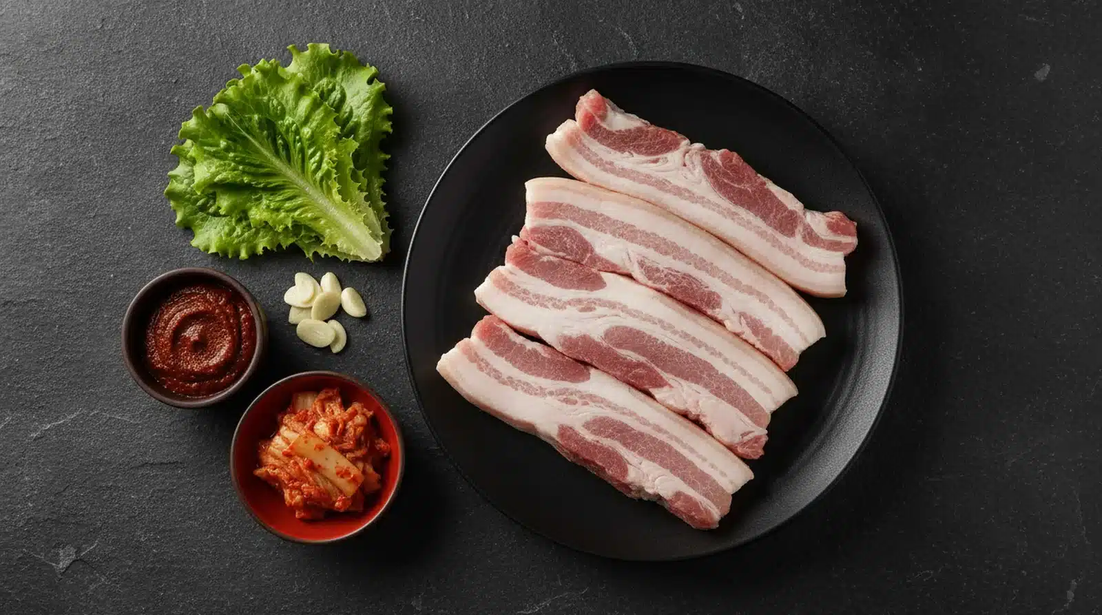 Thick-cut raw pork belly (samgyeopsal) on a black plate with lettuce, ssamjang, garlic and kimchi
