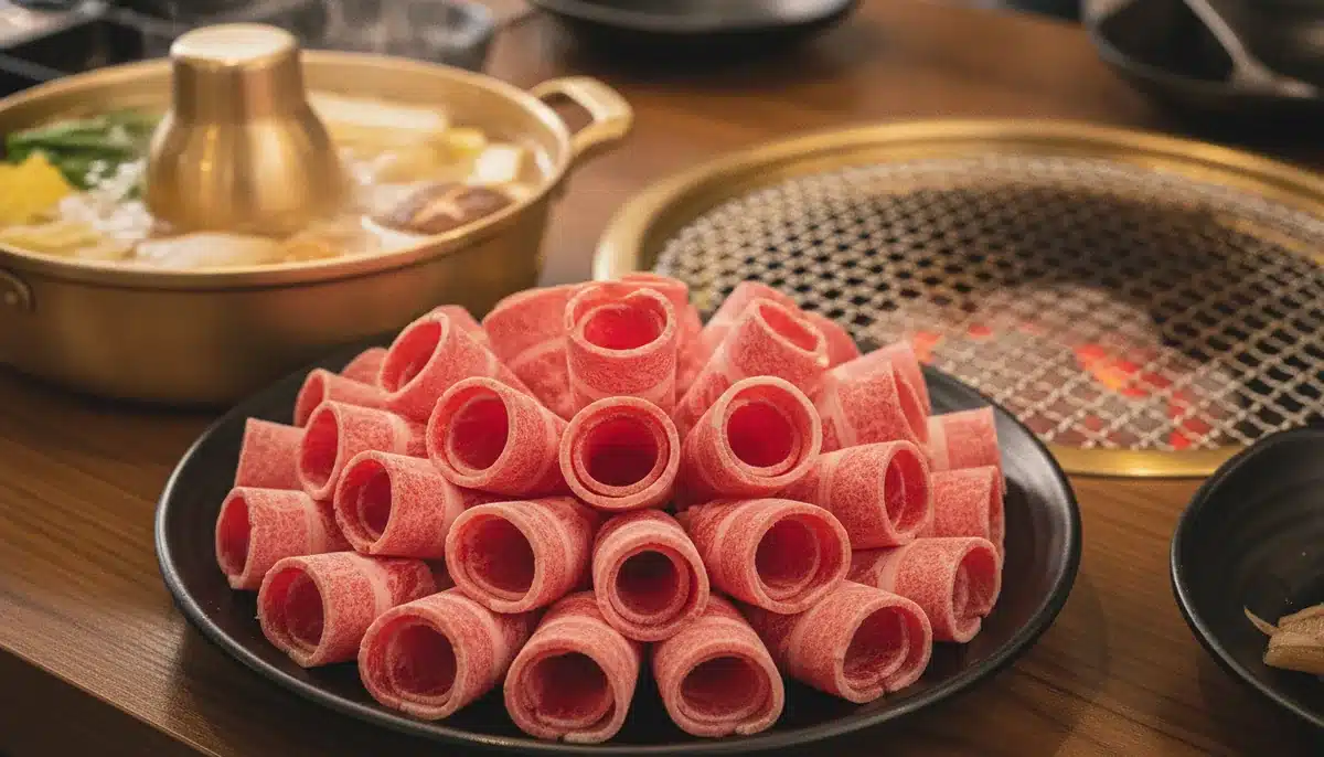 Rolled thin-sliced beef for Korean BBQ and hot pot on a black plate beside a hot pot and charcoal grill