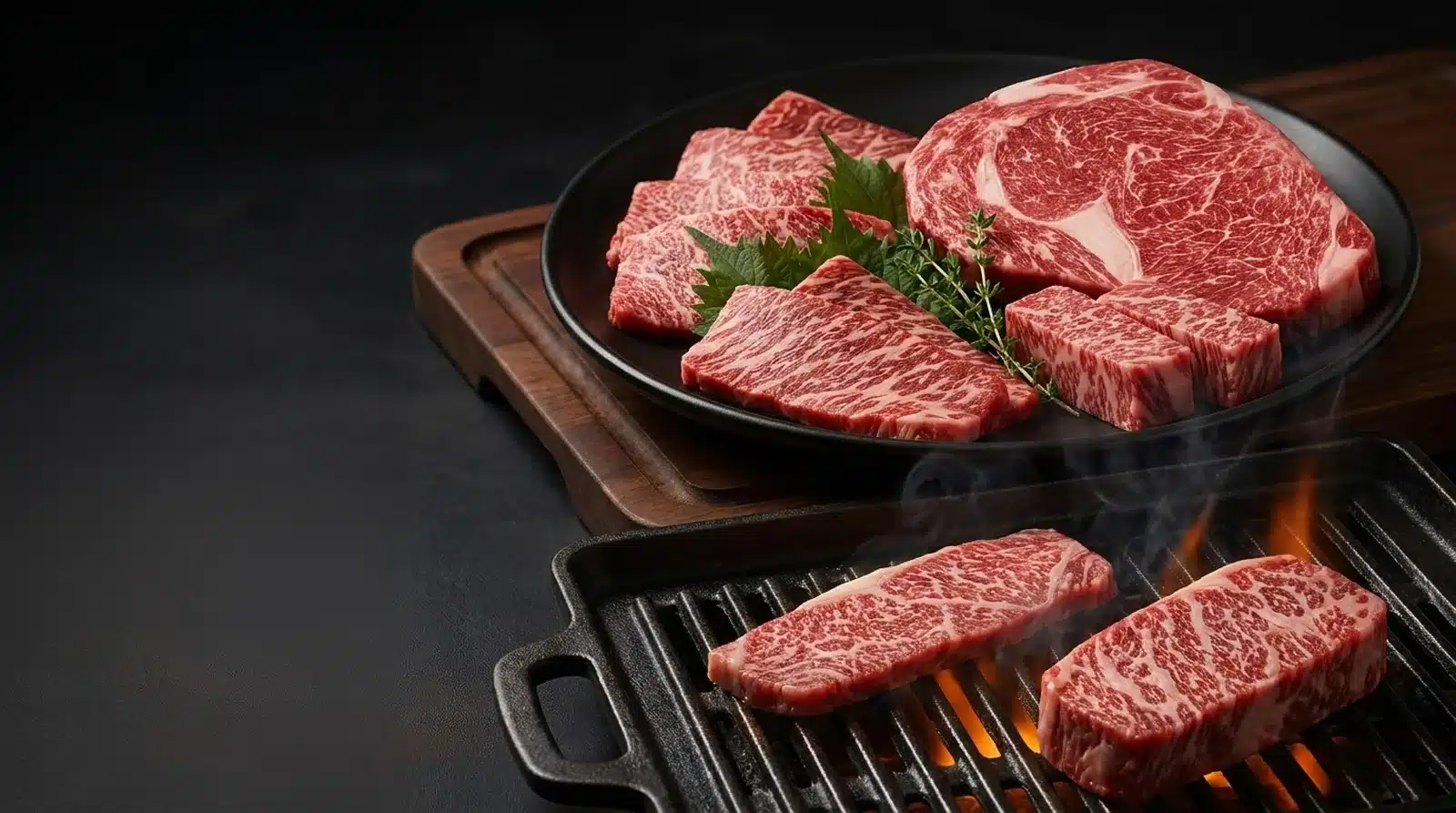 Premium marbled wagyu cuts on a black plate and grill