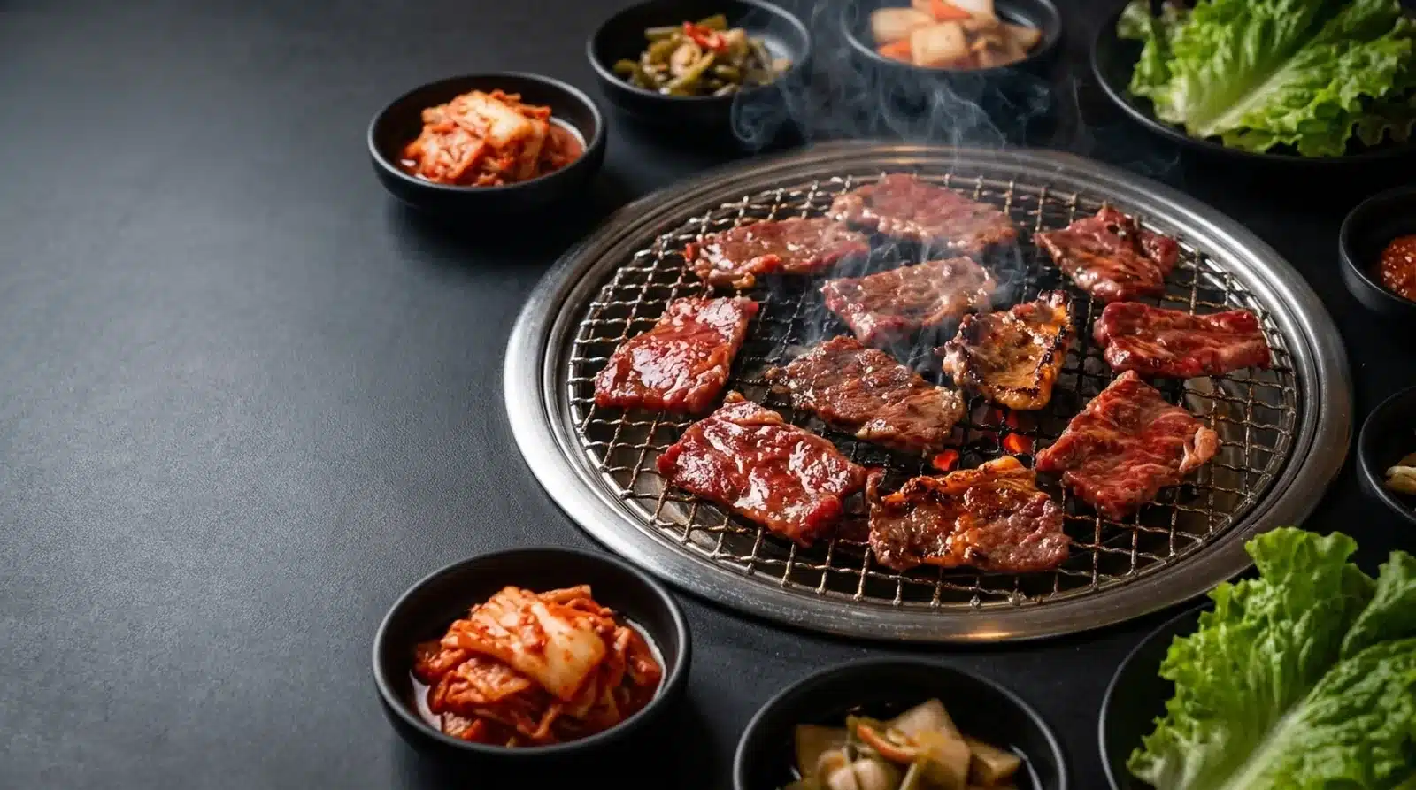 Korean BBQ yakiniku, marinated wagyu sizzling on the grill with banchan